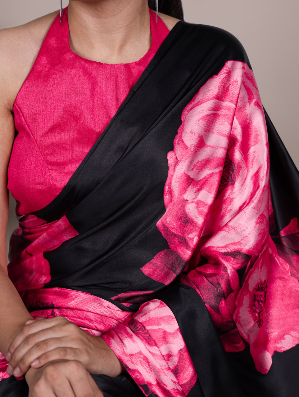 Dark Pink Floral Satin Silk Printed Saree with Banglory Blouse