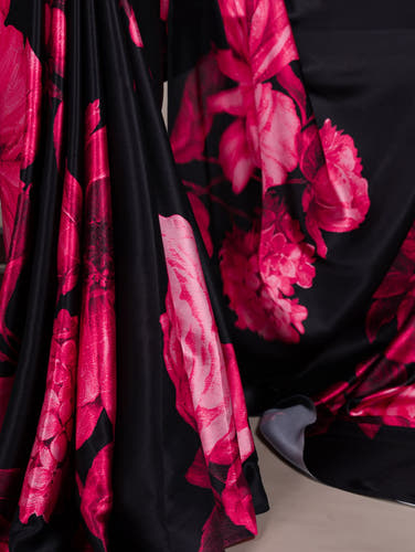 Dark Pink Floral Satin Silk Printed Saree with Banglory Blouse