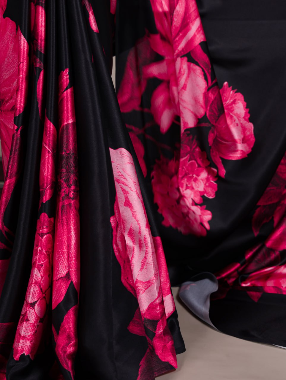 Dark Pink Floral Satin Silk Printed Saree with Banglory Blouse