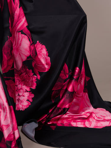 Dark Pink Floral Satin Silk Printed Saree with Banglory Blouse