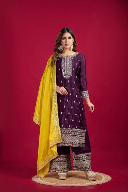 Dark Purple Chinnon Silk Embroidery Top Pant and Dupatta For Party Wear