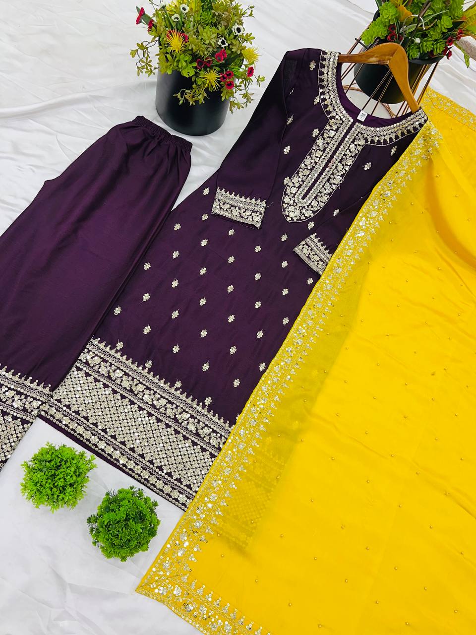 Dark Purple Chinnon Silk Embroidery Top Pant and Dupatta For Party Wear