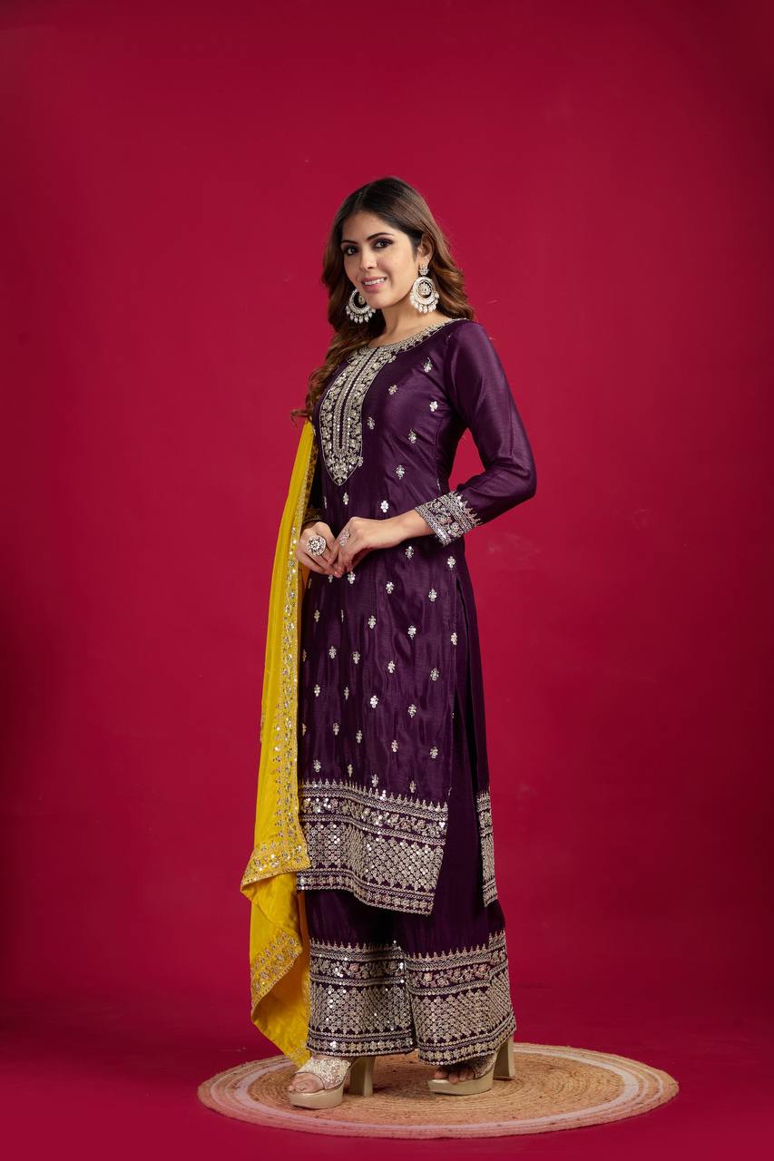 Dark Purple Chinnon Silk Embroidery Top Pant and Dupatta For Party Wear