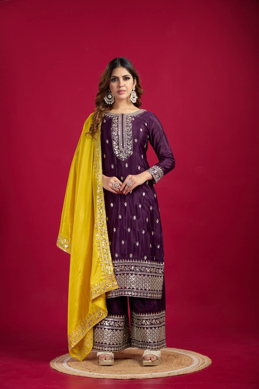 Dark Purple Chinnon Silk Embroidery Top Pant and Dupatta For Party Wear