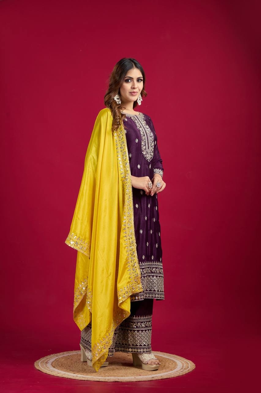 Dark Purple Chinnon Silk Embroidery Top Pant and Dupatta For Party Wear
