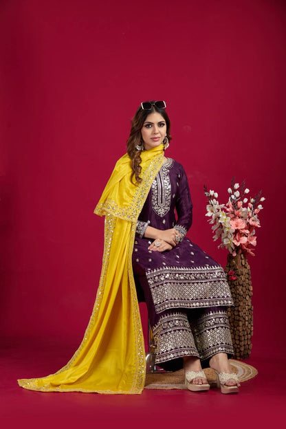 Dark Purple Chinnon Silk Embroidery Top Pant and Dupatta For Party Wear