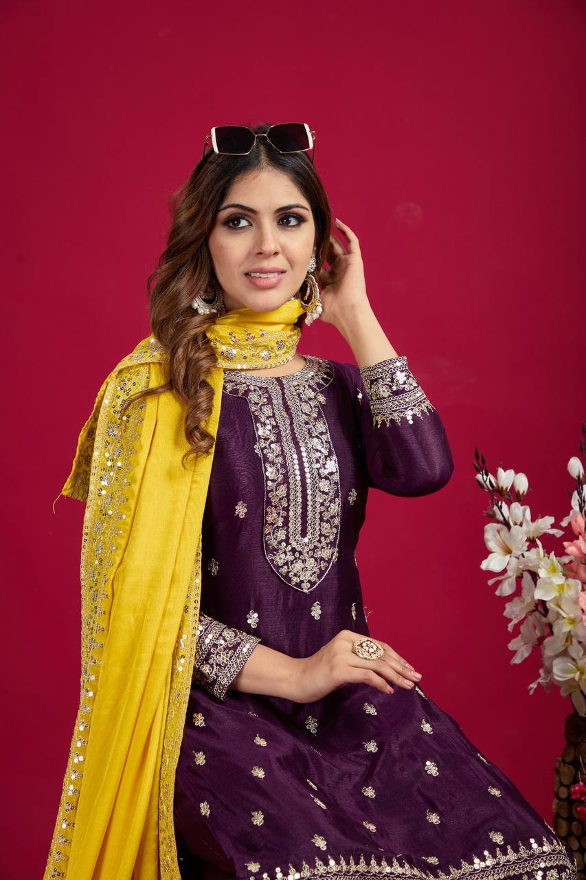 Dark Purple Chinnon Silk Embroidery Top Pant and Dupatta For Party Wear