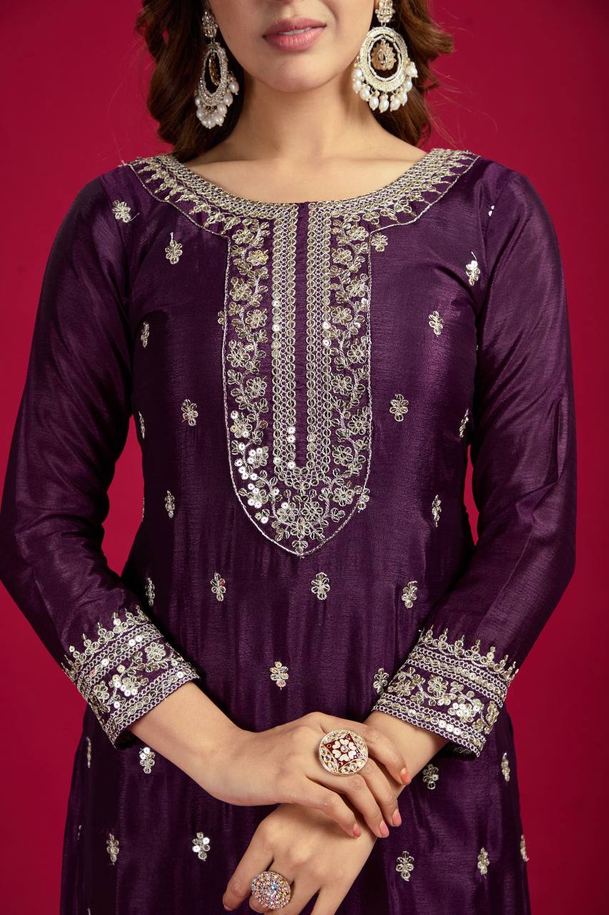 Dark Purple Chinnon Silk Embroidery Top Pant and Dupatta For Party Wear