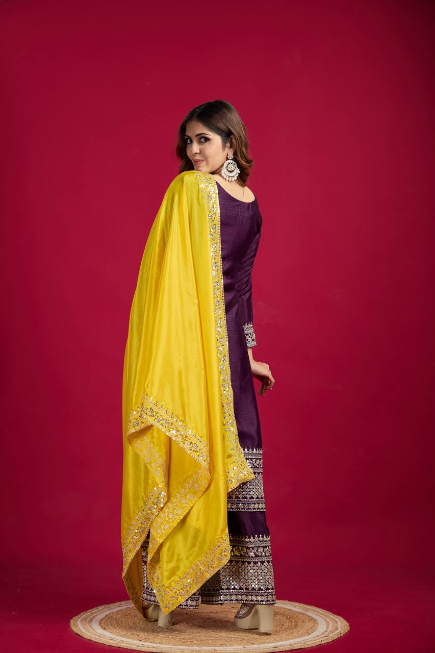 Dark Purple Chinnon Silk Embroidery Top Pant and Dupatta For Party Wear