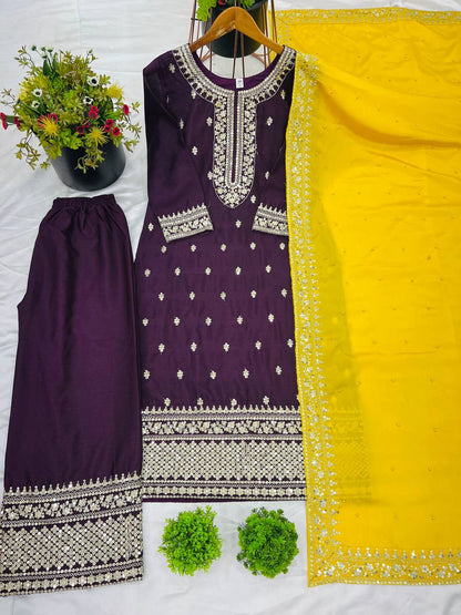 Dark Purple Chinnon Silk Embroidery Top Pant and Dupatta For Party Wear