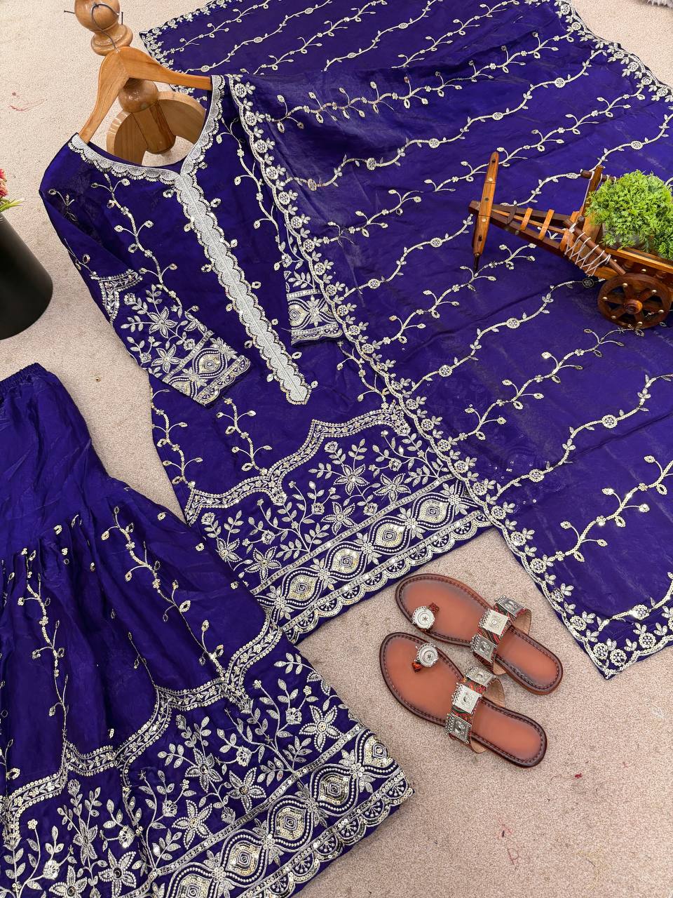 Dark Purple Designer Fendy Silk Top Bottom and Dupatta For Party Wear