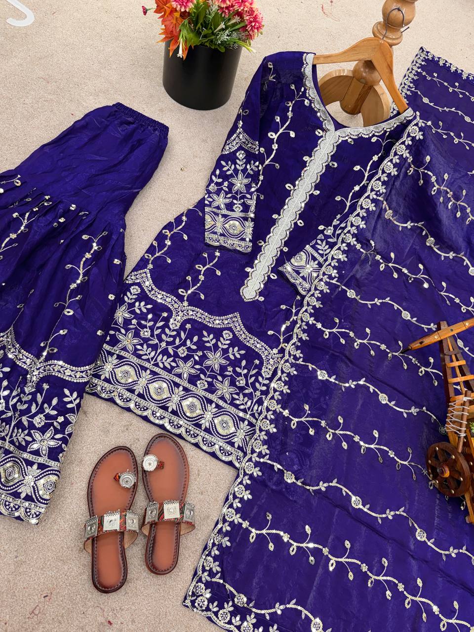 Dark Purple Designer Fendy Silk Top Bottom and Dupatta For Party Wear