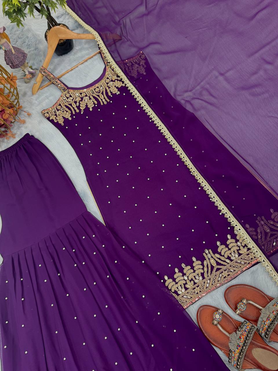 Dark Purple Designer Heavy Faux Georgette Plazzo Top and Dupatta