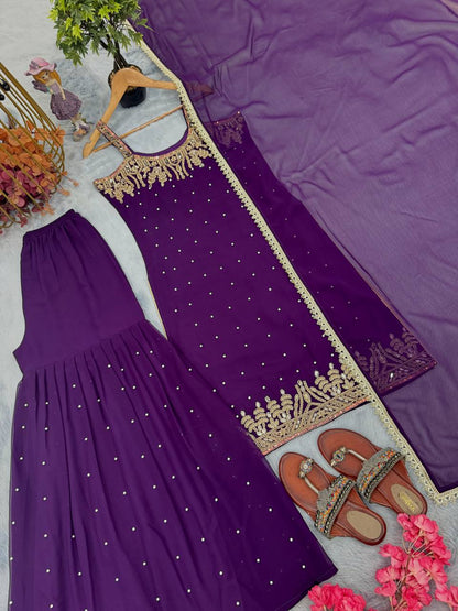 Dark Purple Designer Heavy Faux Georgette Plazzo Top and Dupatta
