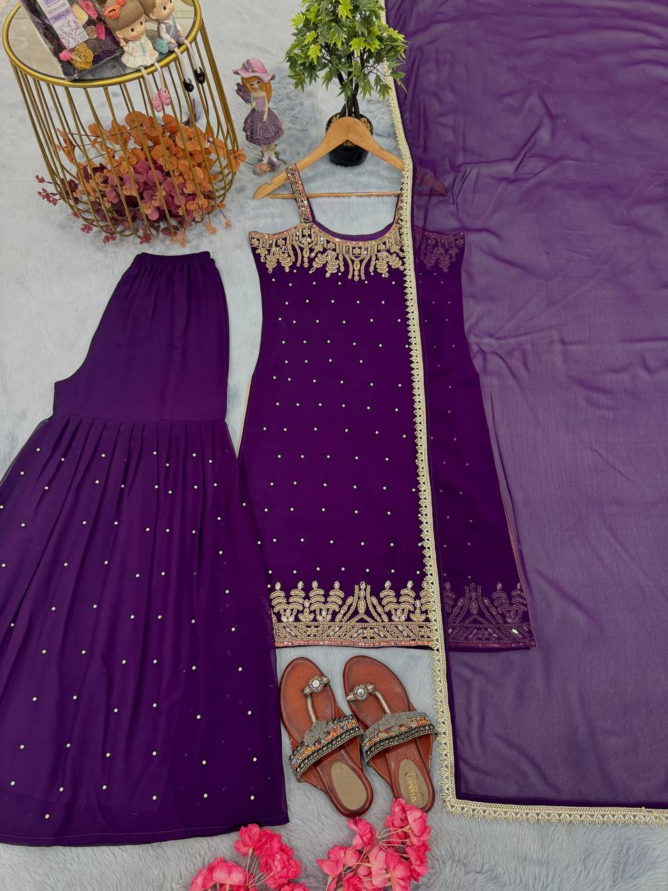 Dark Purple Designer Heavy Faux Georgette Plazzo Top and Dupatta