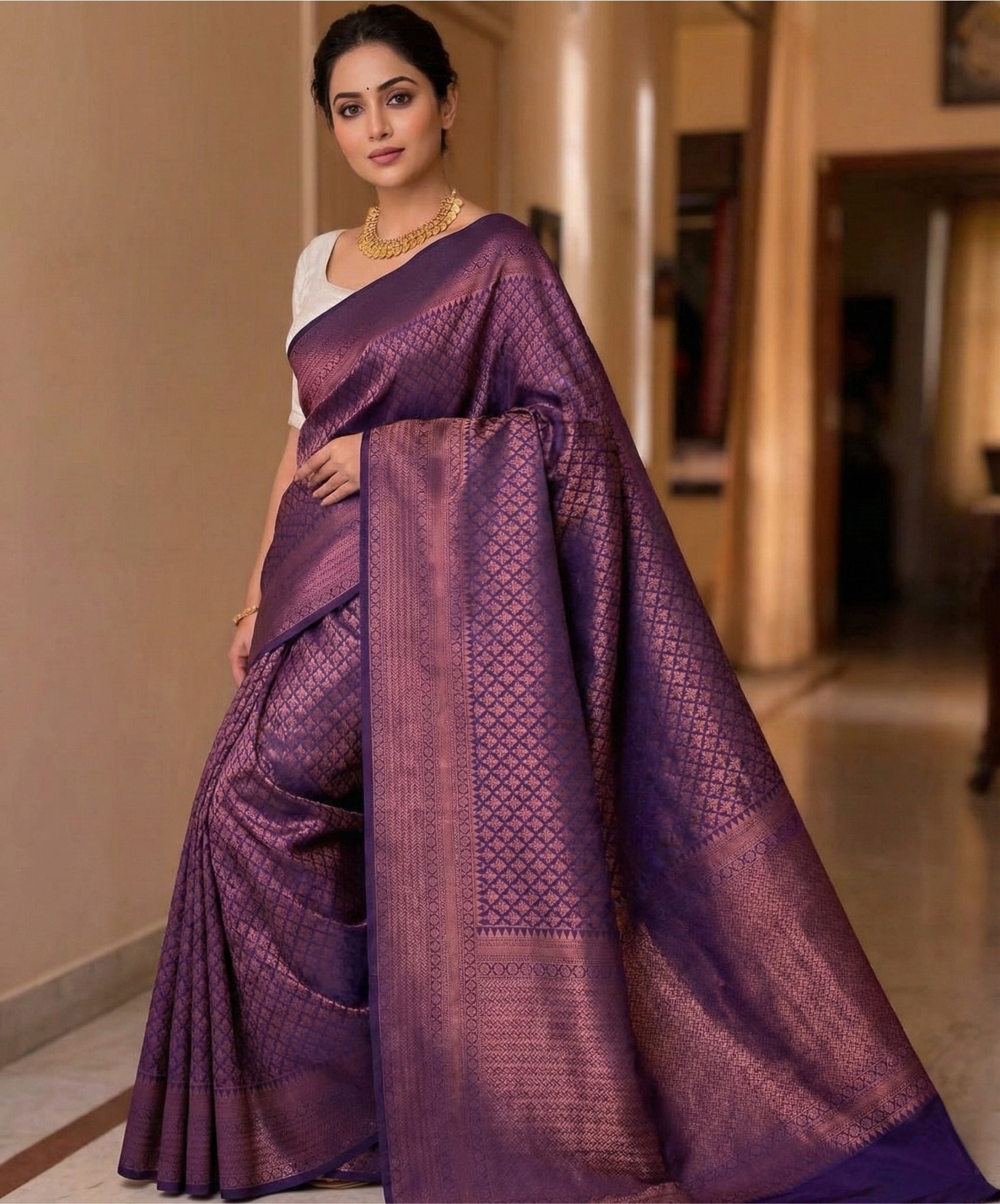 Dark Purple Kanchipuram Jari Weaving Silk Saree with Designer Blouse