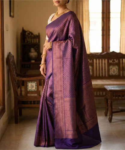 Dark Purple Kanchipuram Jari Weaving Silk Saree with Designer Blouse