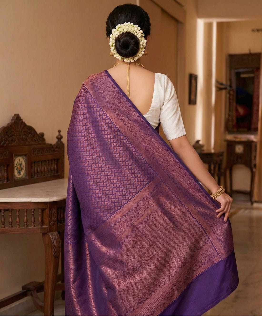 Dark Purple Kanchipuram Jari Weaving Silk Saree with Designer Blouse