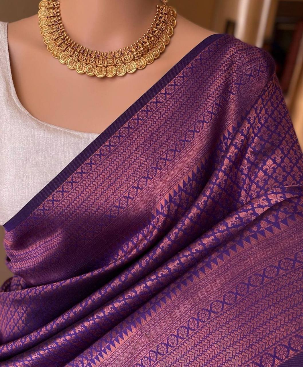 Dark Purple Kanchipuram Jari Weaving Silk Saree with Designer Blouse