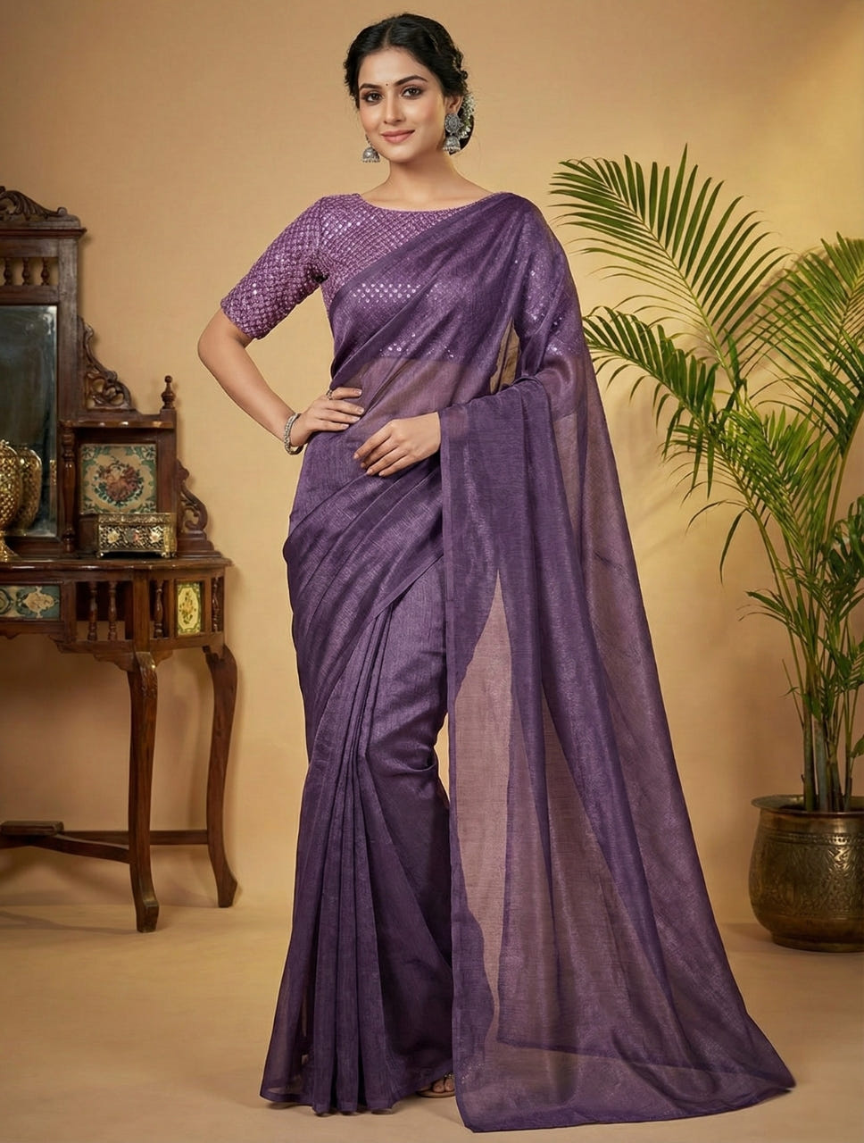 Dark Purple Rasmalai Silk Saree with Contrast Net Embroidered Blouse