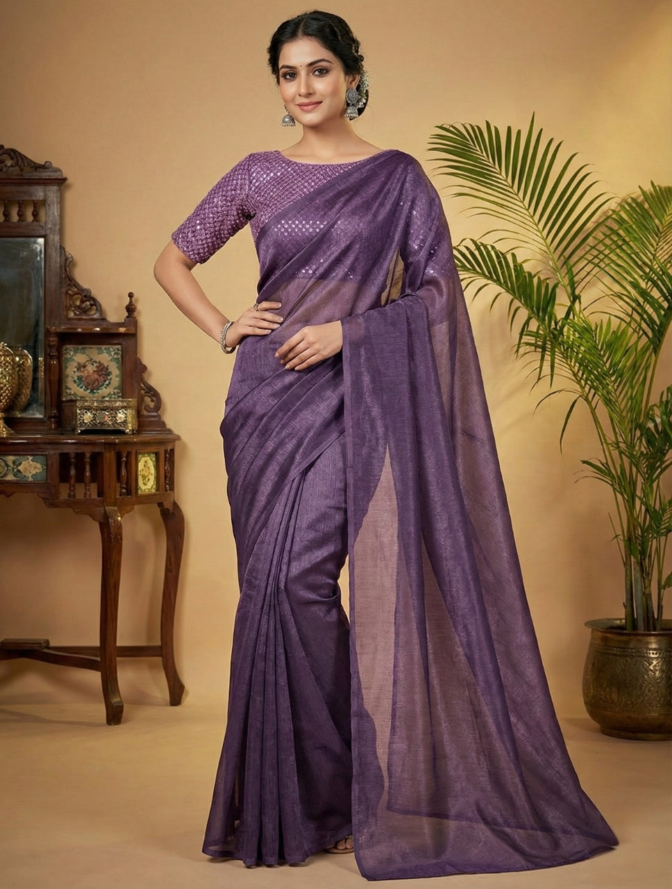 Dark Purple Rasmalai Silk Saree with Contrast Net Embroidered Blouse
