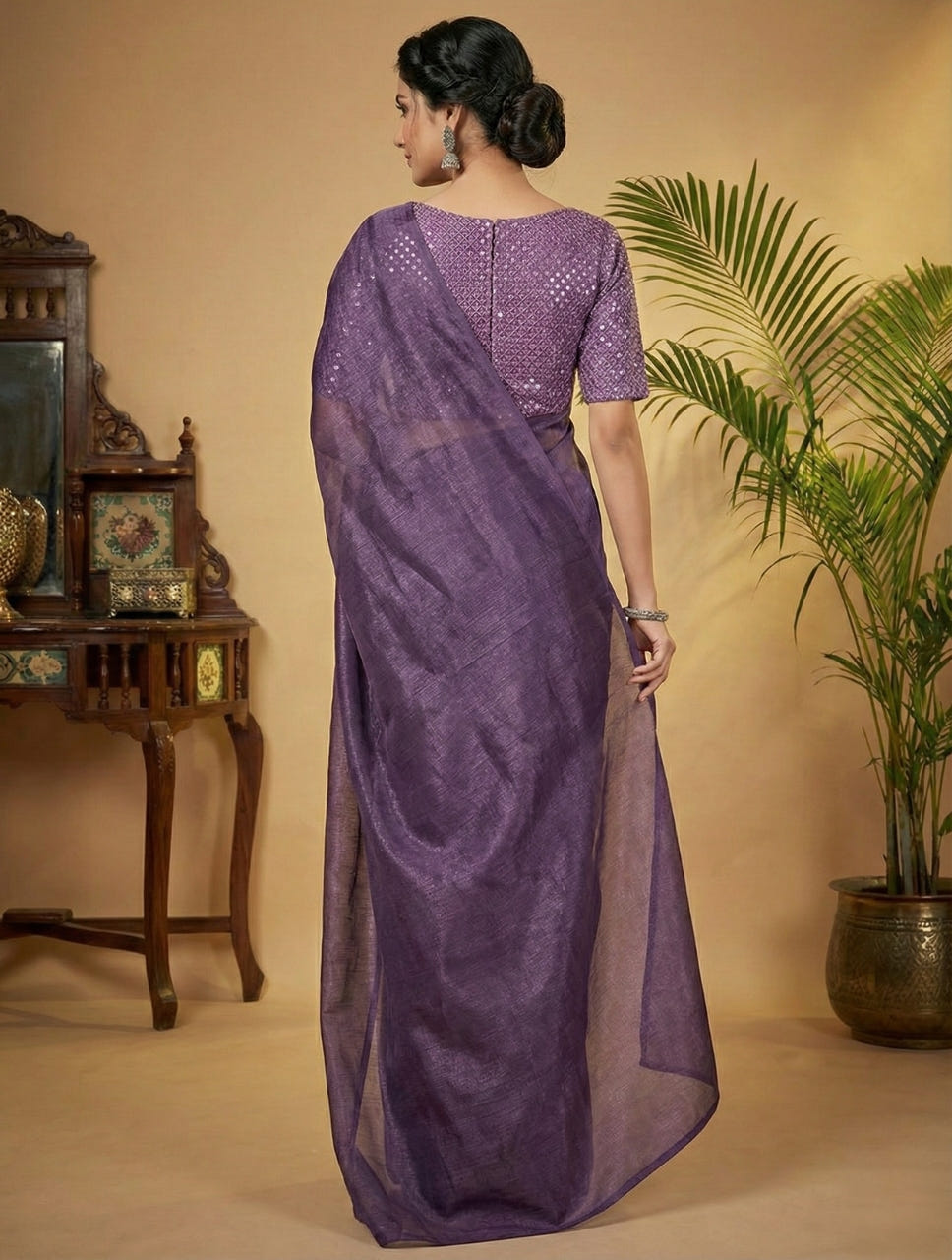 Dark Purple Rasmalai Silk Saree with Contrast Net Embroidered Blouse