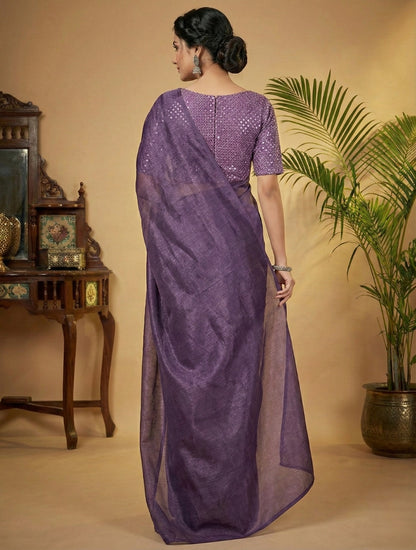 Dark Purple Rasmalai Silk Saree with Contrast Net Embroidered Blouse