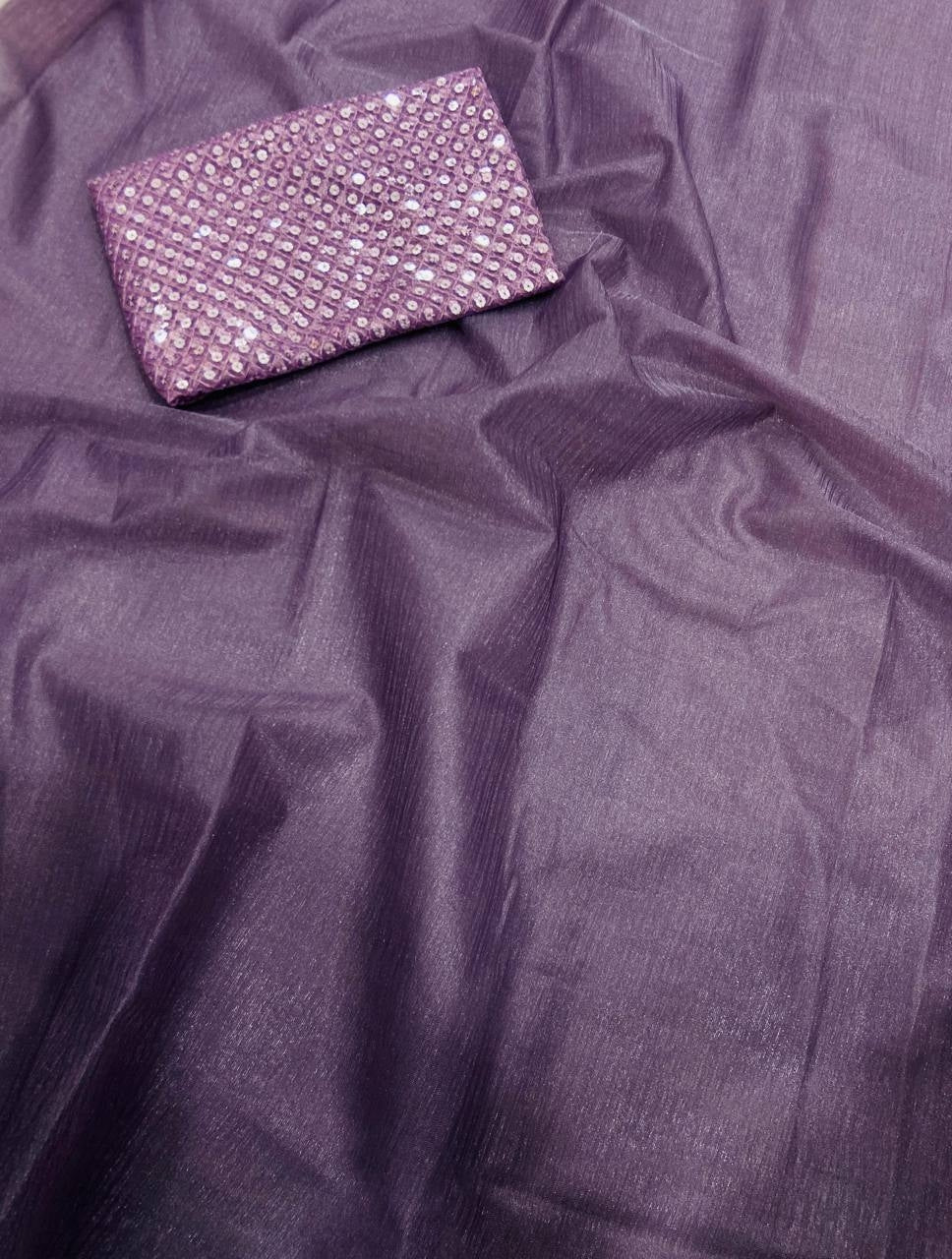 Dark Purple Rasmalai Silk Saree with Contrast Net Embroidered Blouse
