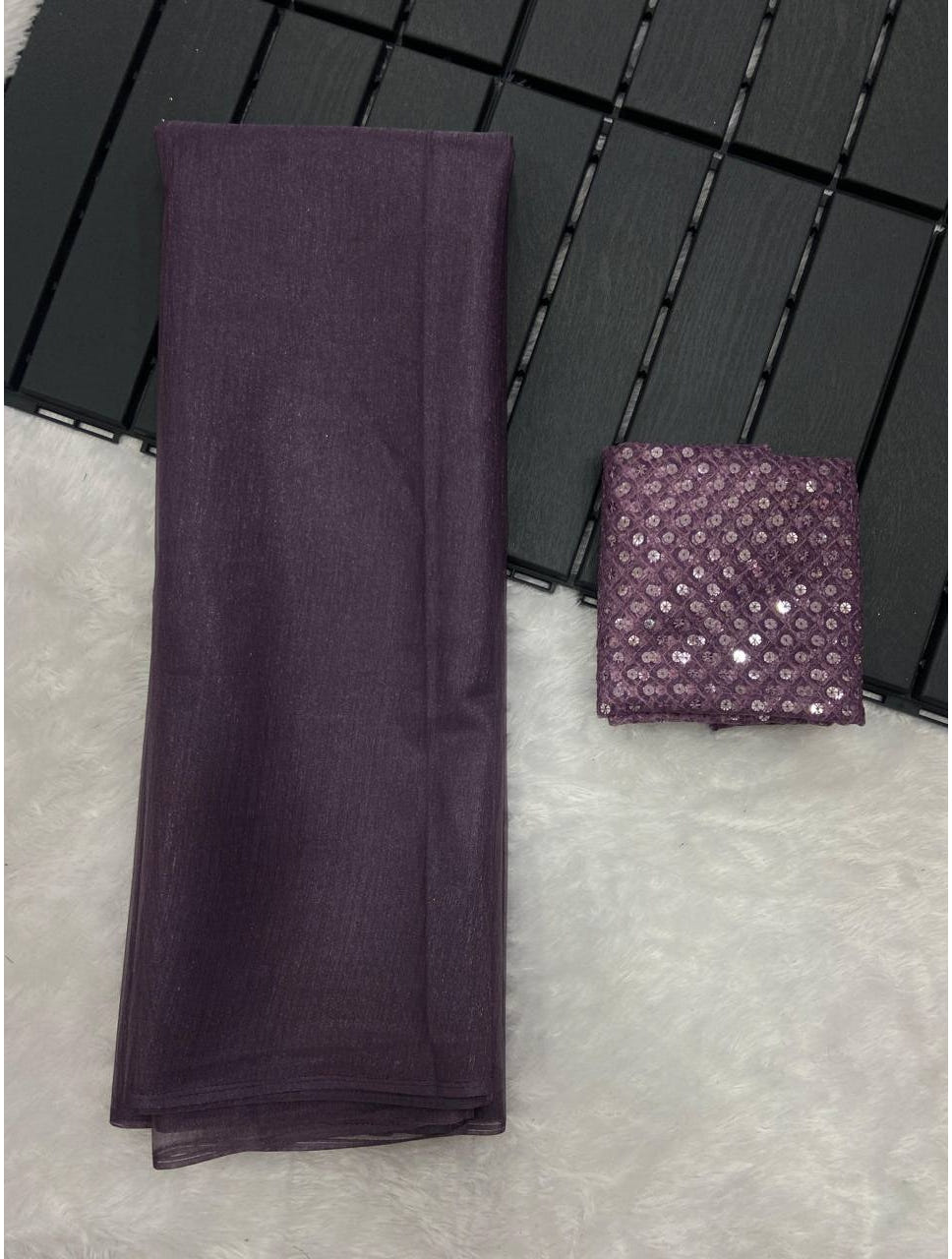 Dark Purple Rasmalai Silk Saree with Contrast Net Embroidered Blouse