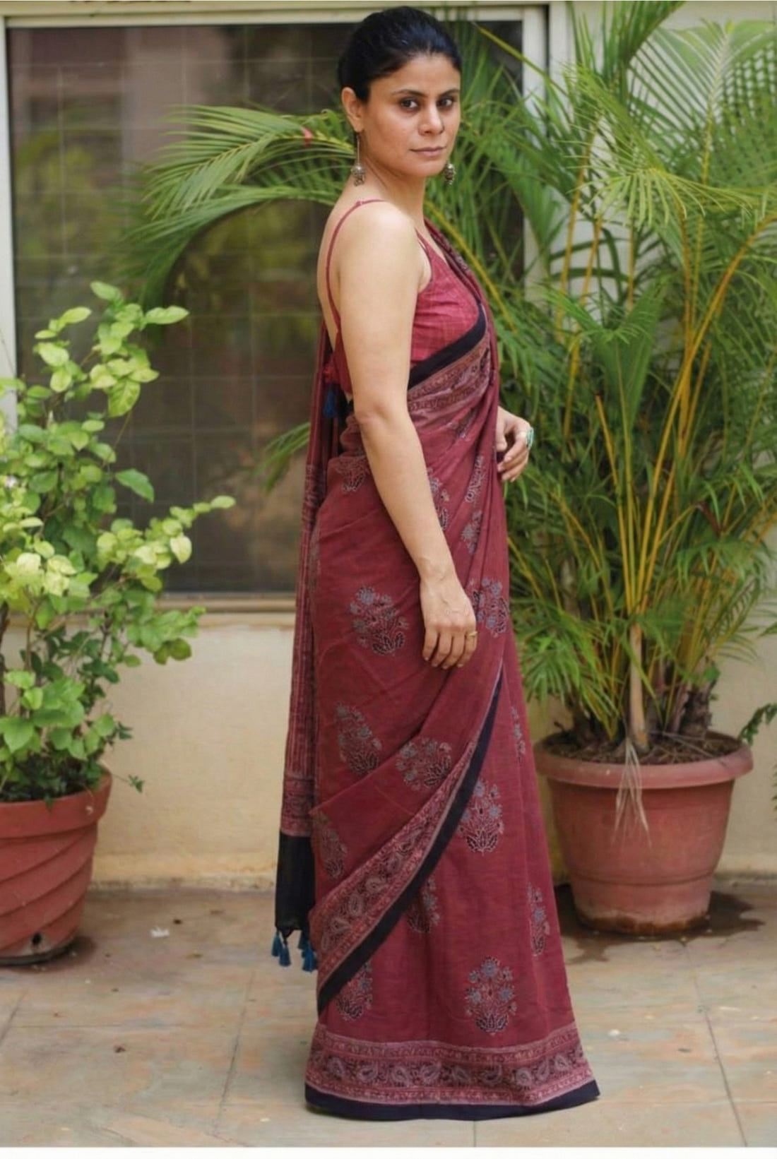 Deep Pink Mulmul Cotton Digital Print Saree with Banglori Blouse