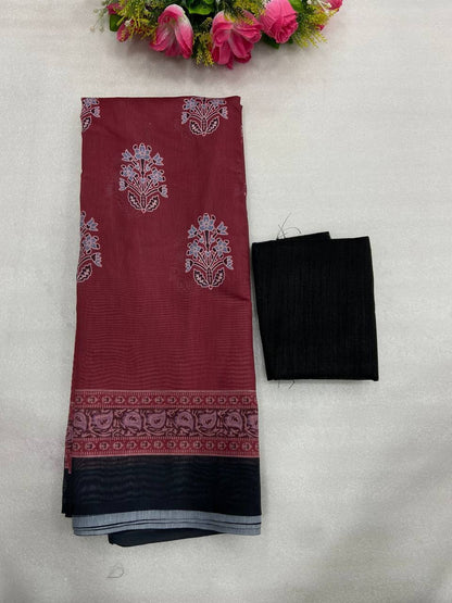 Deep Pink Mulmul Cotton Digital Print Saree with Banglori Blouse