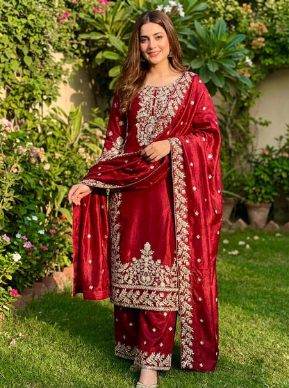 Deep Red Designer GMY Silk Plazzo suit and Dupatta For Party Wear