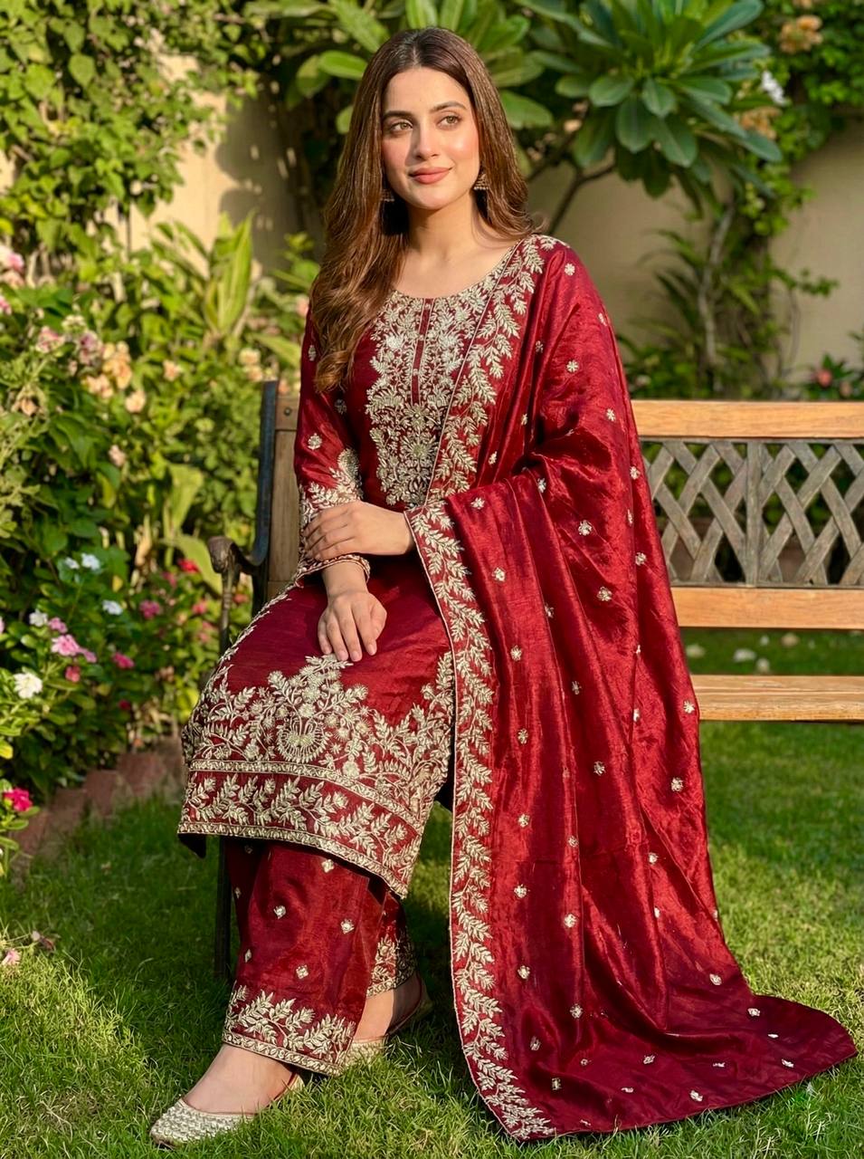 Deep Red Designer GMY Silk Plazzo suit and Dupatta For Party Wear
