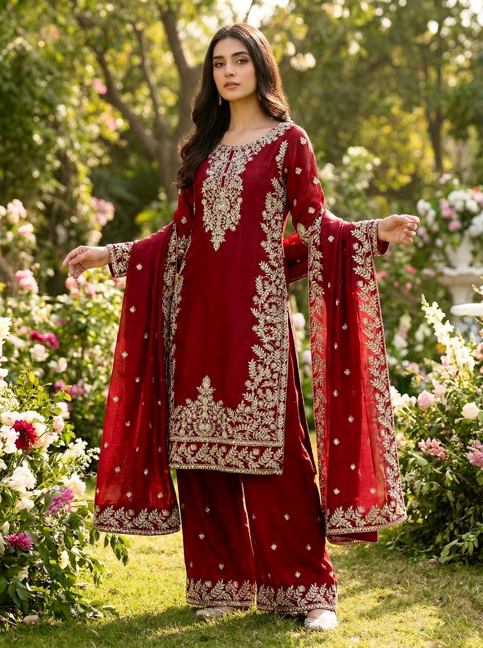 Deep Red Designer GMY Silk Plazzo suit and Dupatta For Party Wear
