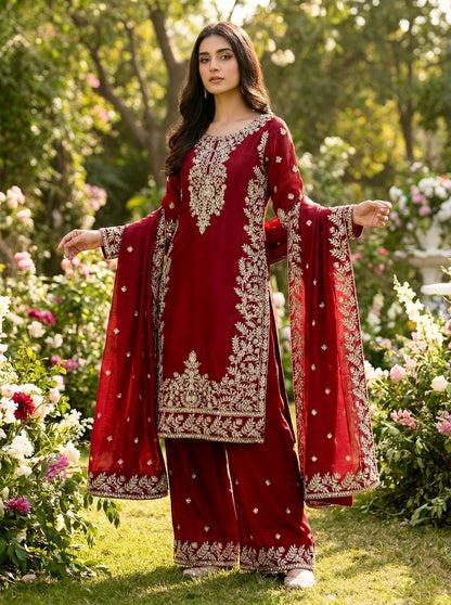 Deep Red Designer GMY Silk Plazzo suit and Dupatta For Party Wear