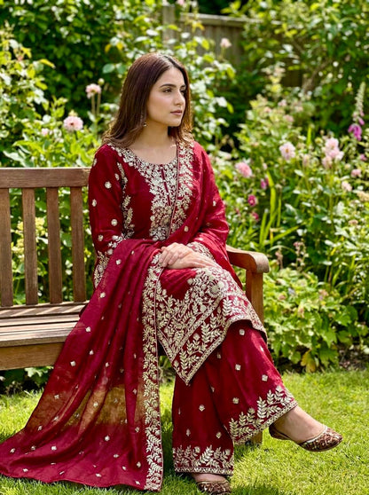 Deep Red Designer GMY Silk Plazzo suit and Dupatta For Party Wear