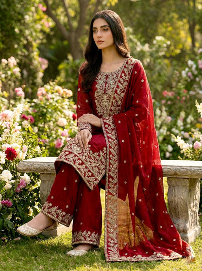 Deep Red Designer GMY Silk Plazzo suit and Dupatta For Party Wear