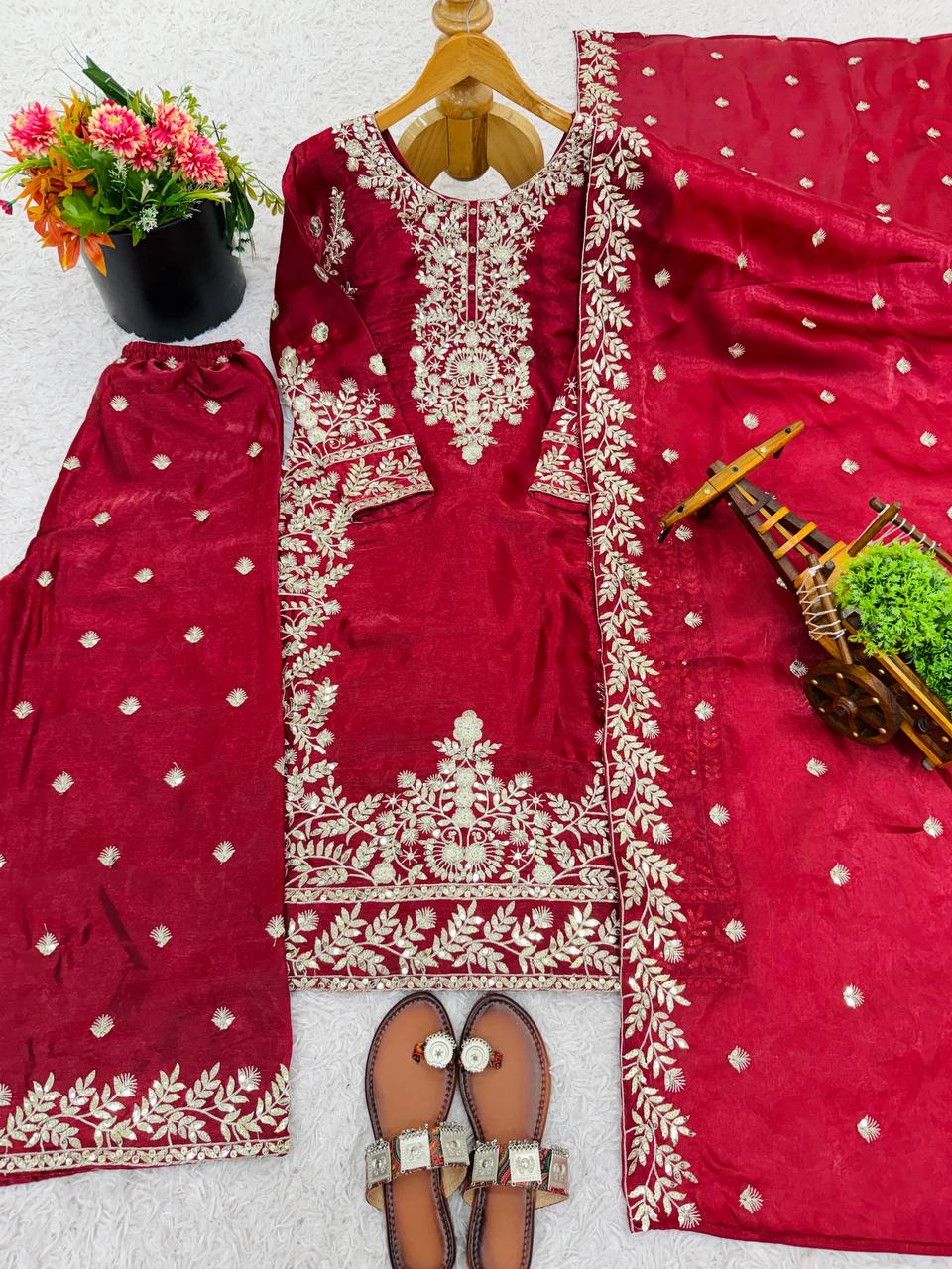 Deep Red Designer GMY Silk Plazzo suit and Dupatta For Party Wear