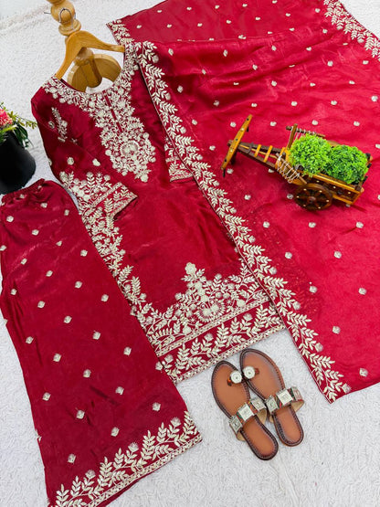 Deep Red Designer GMY Silk Plazzo suit and Dupatta For Party Wear