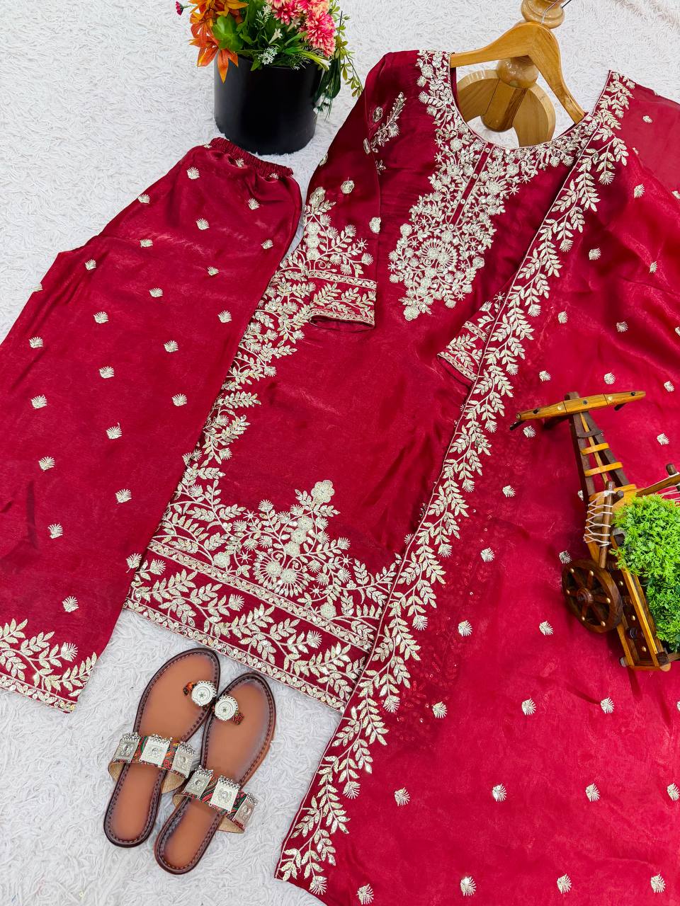 Deep Red Designer GMY Silk Plazzo suit and Dupatta For Party Wear