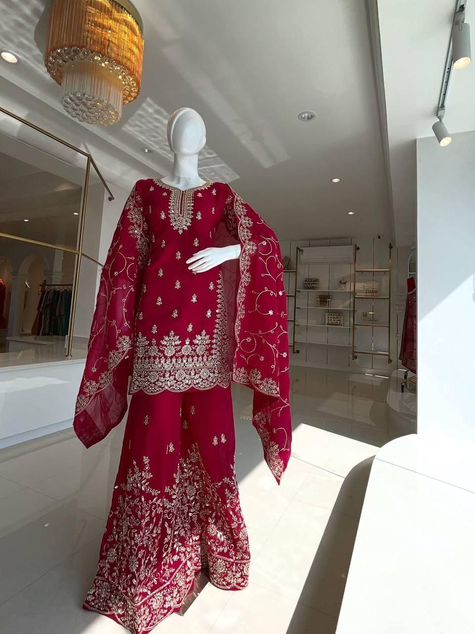 Deep Red Designer GMY Silk Plazzo Top and Dupatta For Party Wear