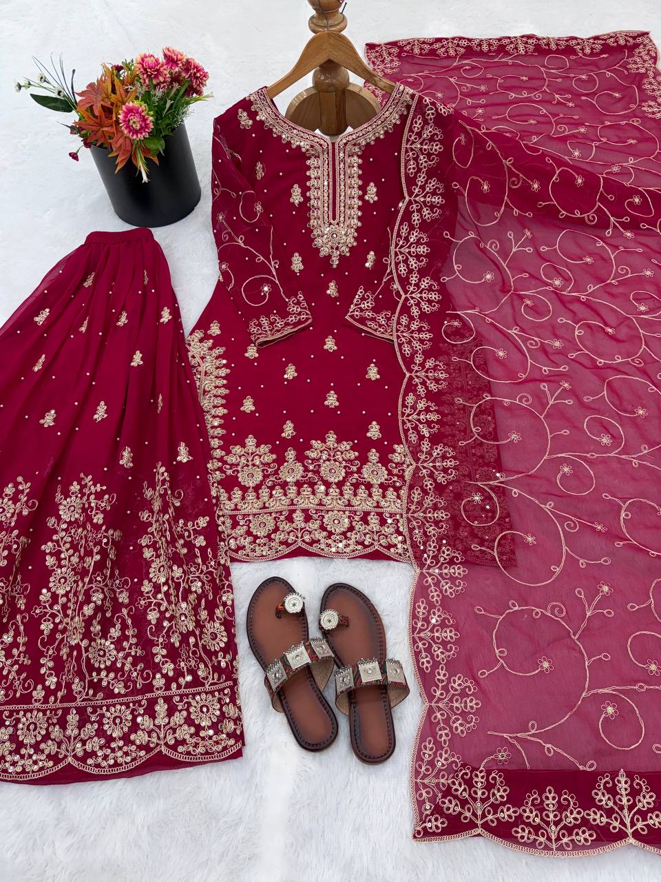 Deep Red Designer GMY Silk Plazzo Top and Dupatta For Party Wear