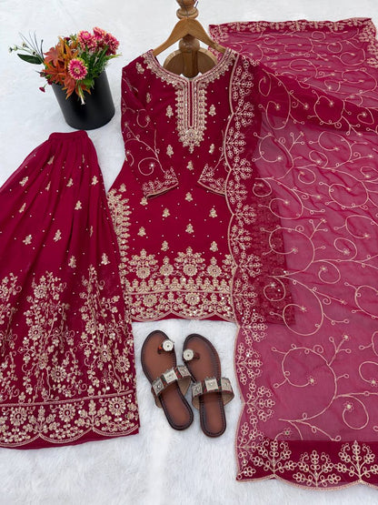 Deep Red Designer GMY Silk Plazzo Top and Dupatta For Party Wear
