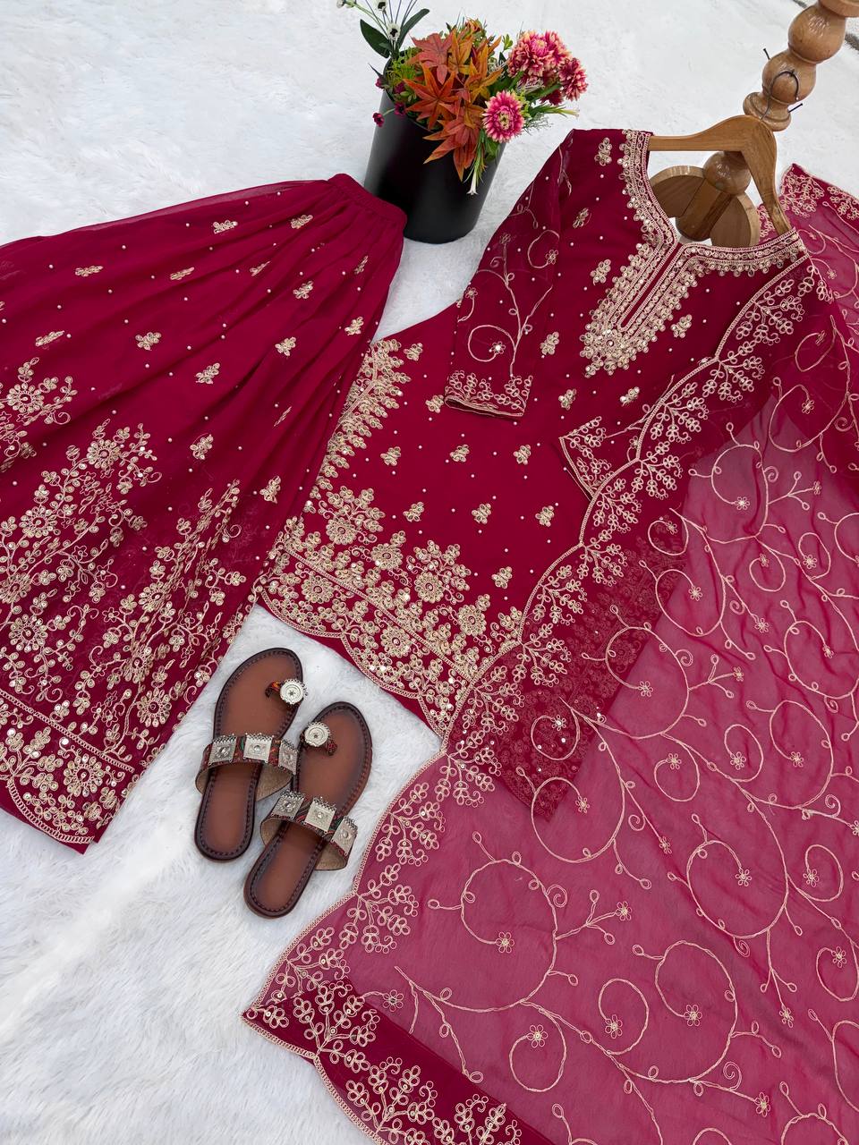 Deep Red Designer GMY Silk Plazzo Top and Dupatta For Party Wear