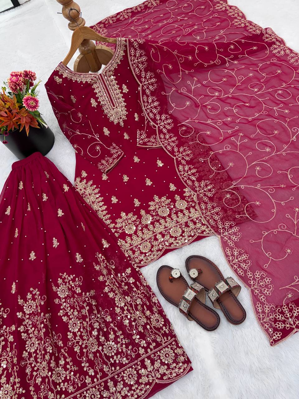 Deep Red Designer GMY Silk Plazzo Top and Dupatta For Party Wear