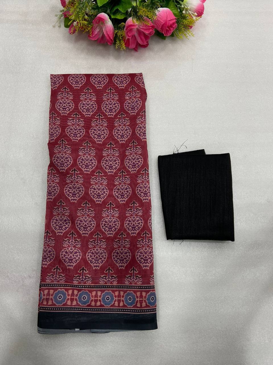 Deep Red Mulmul Cotton Digital Print Saree with Banglori Blouse