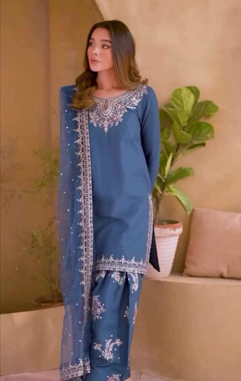 Dusty Blue Designer Natural Crepe Farshi Palazzo Top and Dupatta