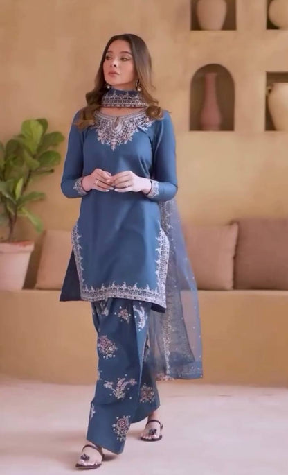 Dusty Blue Designer Natural Crepe Farshi Palazzo Top and Dupatta