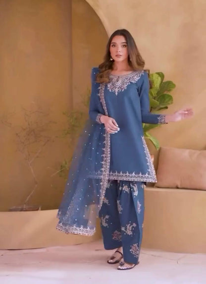 Dusty Blue Designer Natural Crepe Farshi Palazzo Top and Dupatta