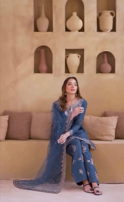 Dusty Blue Designer Natural Crepe Farshi Palazzo Top and Dupatta